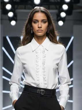Cailey 22 White Ruffle-Front Blouse | Size XS cambric cotton